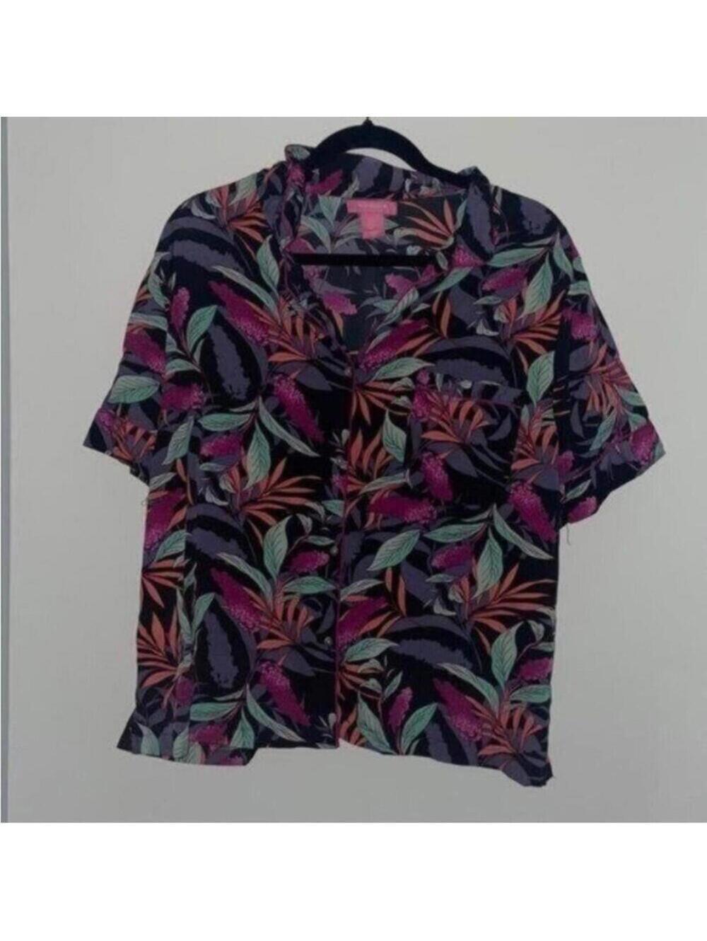 Isaac Mizrahi Sleepwear Tropical Print Short Sleeve Collared Pajama Top